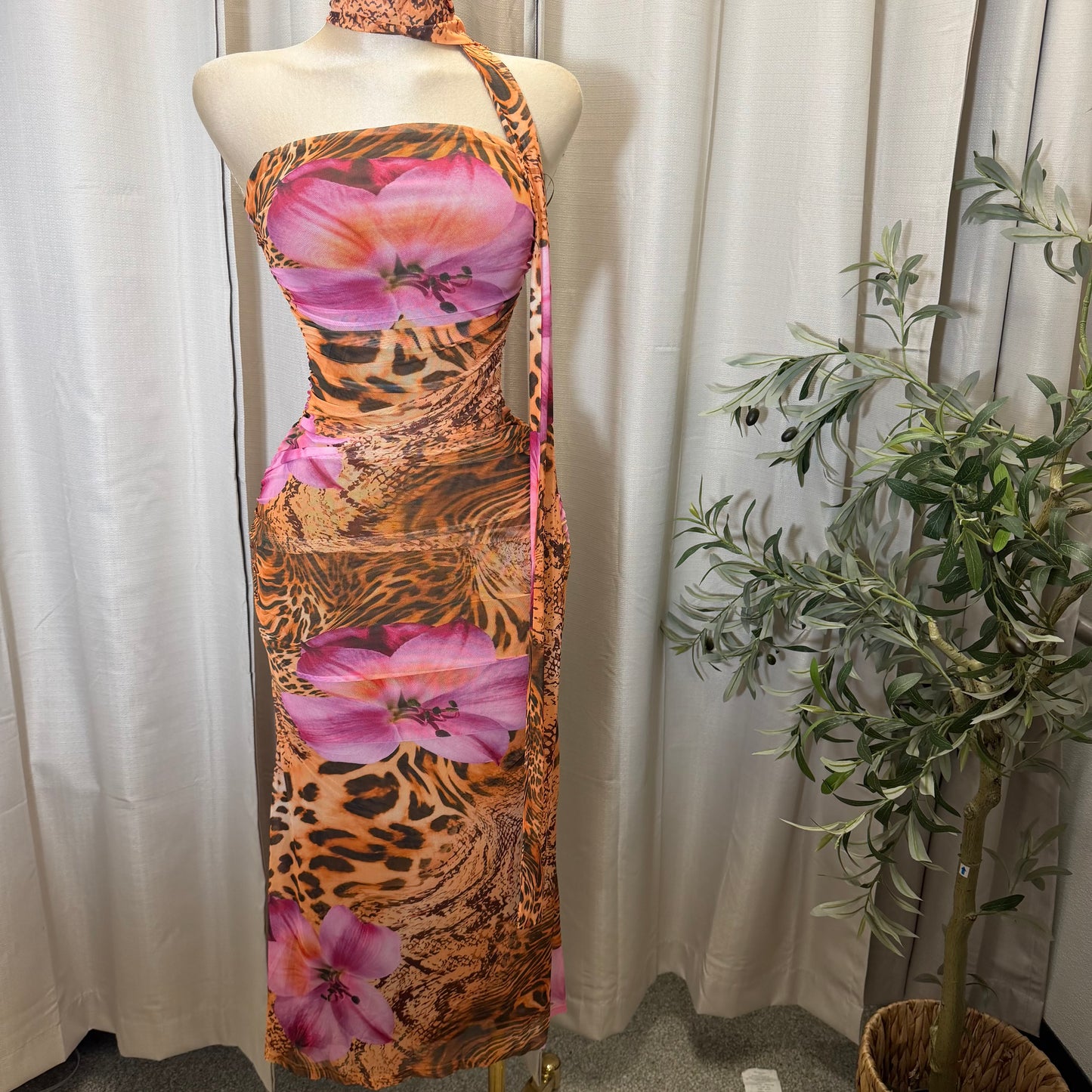 PRINT RUCHED MIDI DRESS-Brown Pink