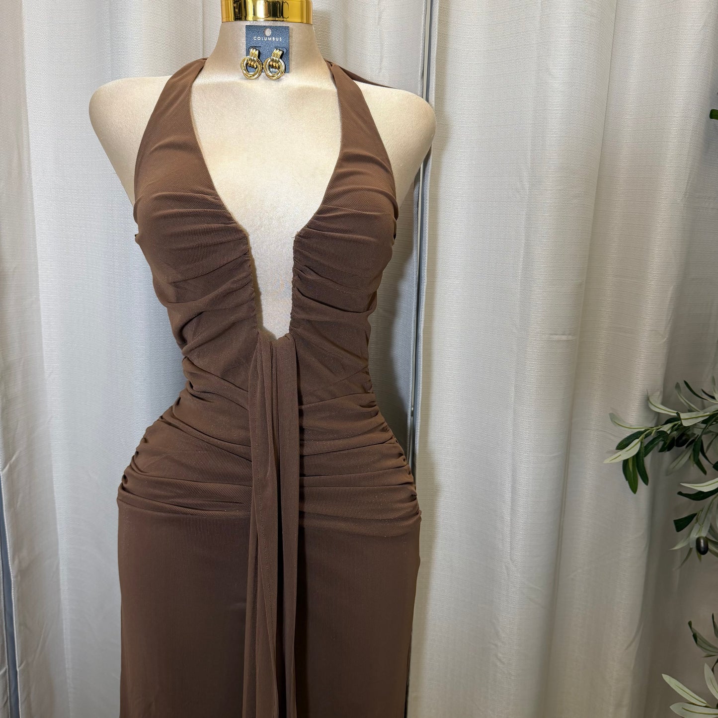HALTER NECK WIRE WITH SASH JUMPSUIT-Brown