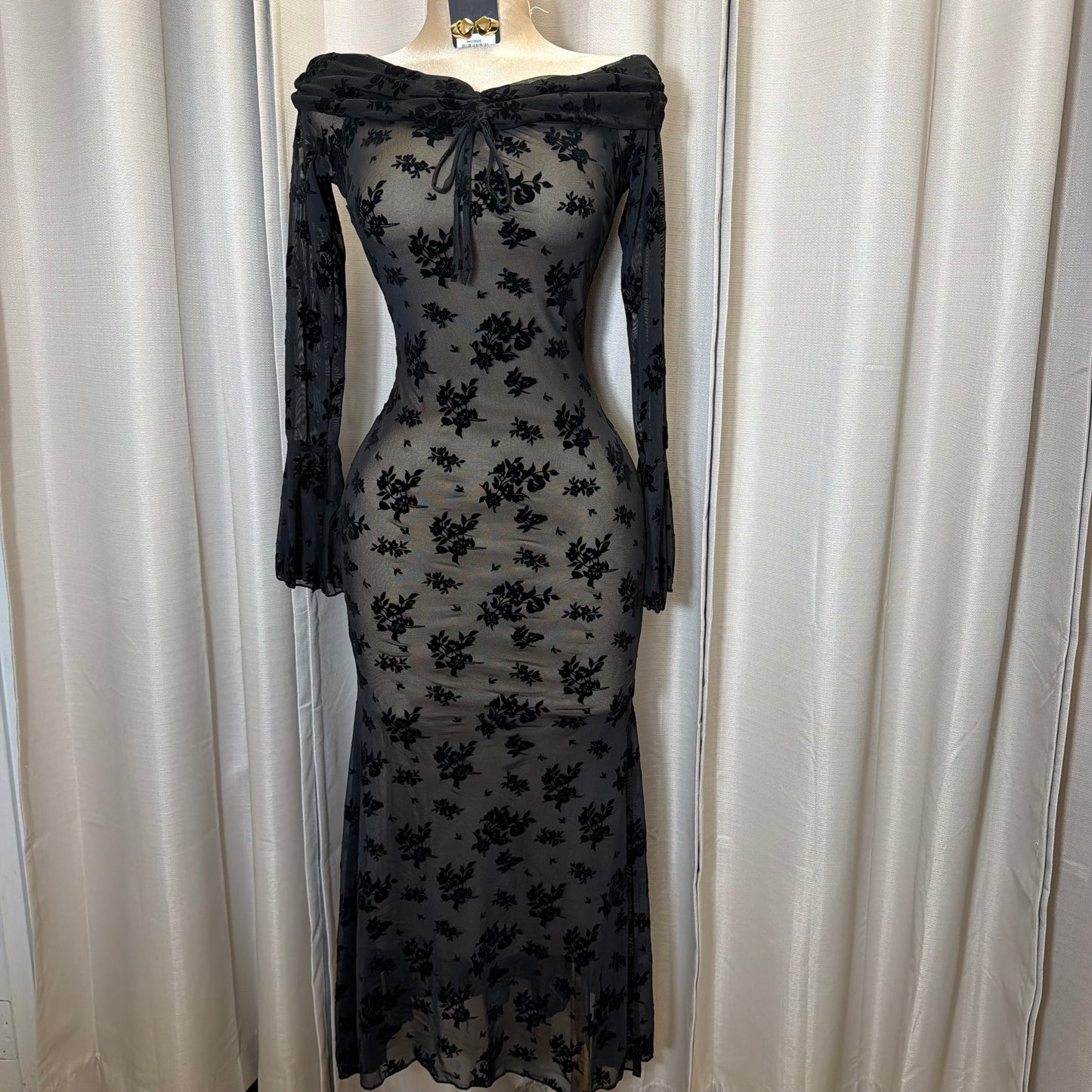 Flocked Long Sleeve Mesh off shoulder maxi Dress-Black/Nude