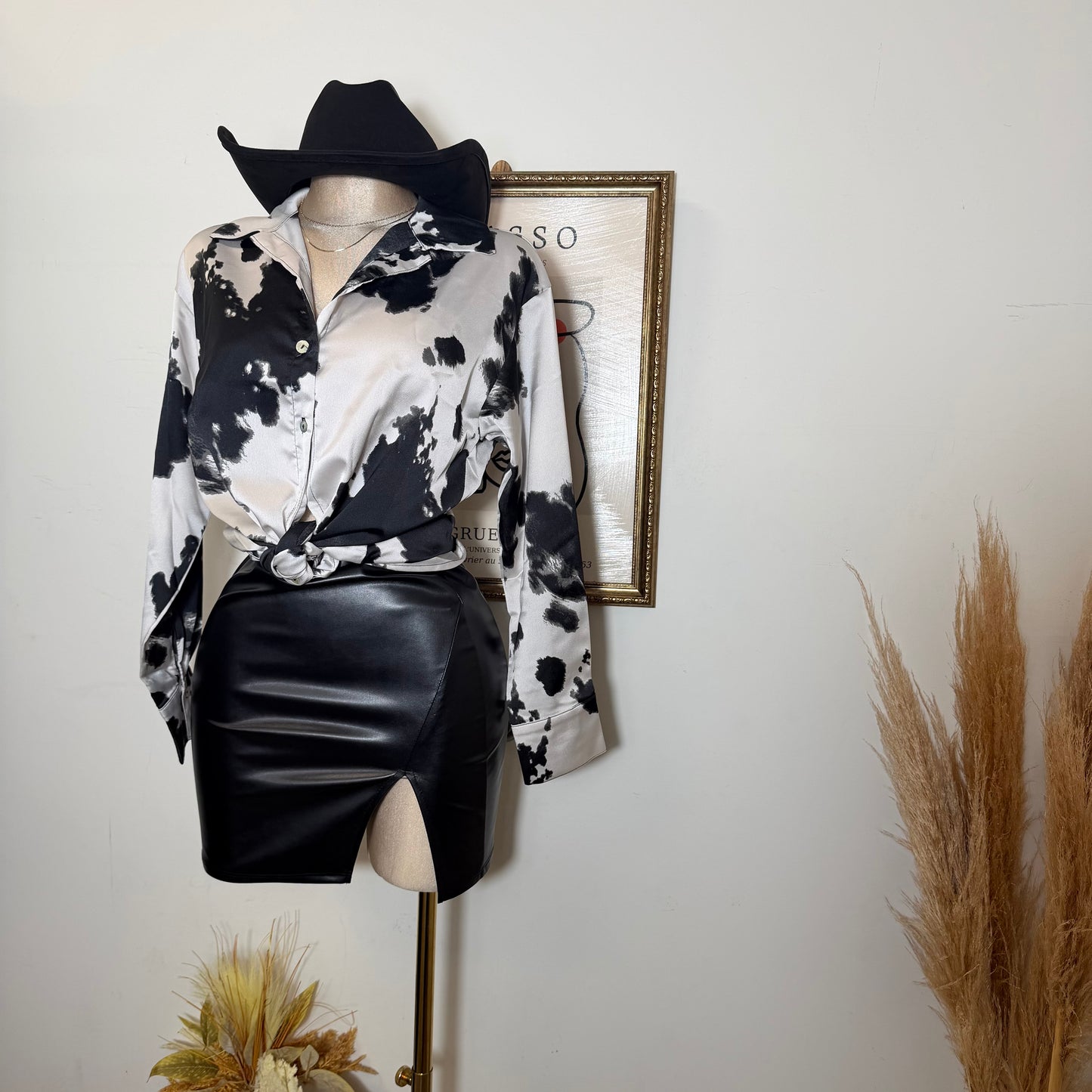 Cow Print Satin Button Down Long sleeve Shirt-Black