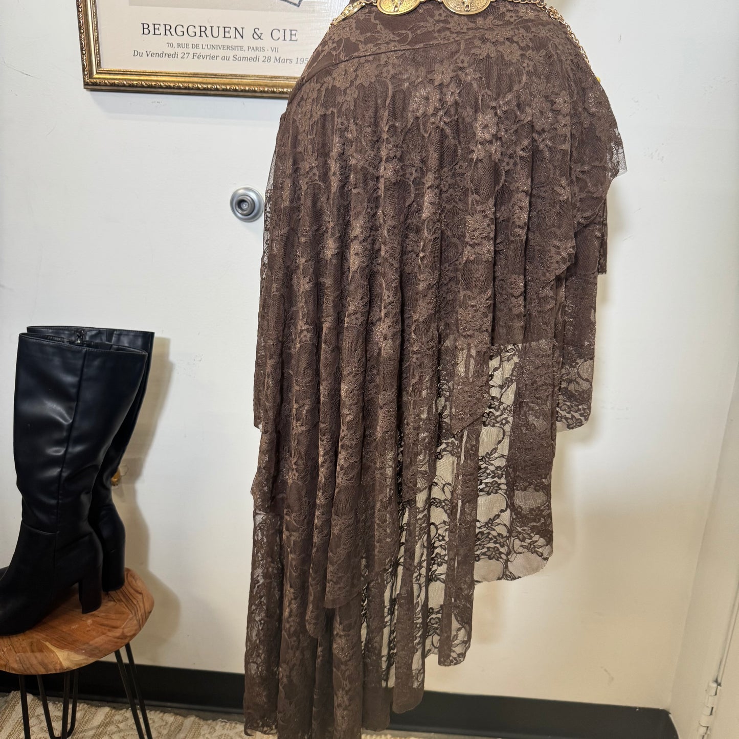 Lace Double Layer Ruffle Asymmetrical Maxi Dress-Brown