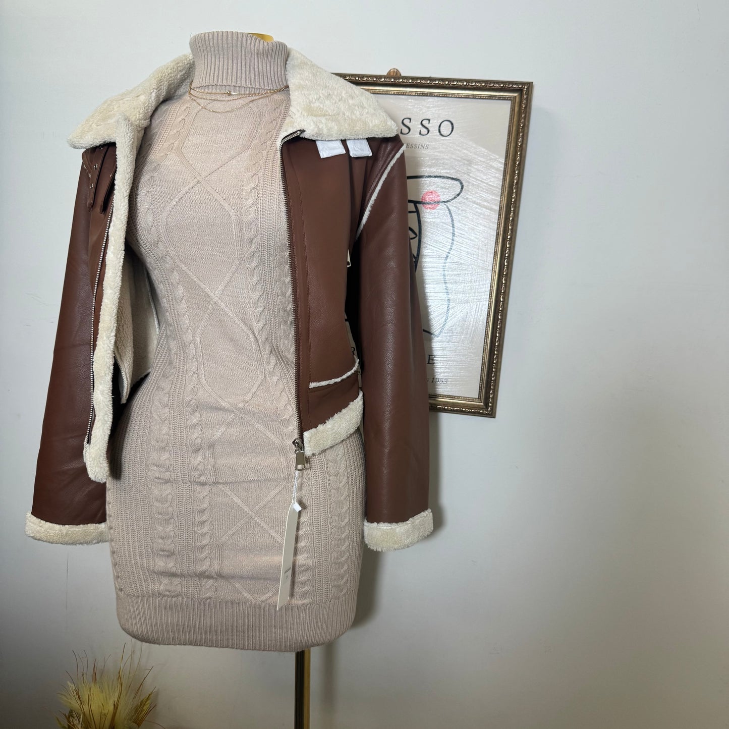 Sherpa Fur Lined PU Jacket-Brown