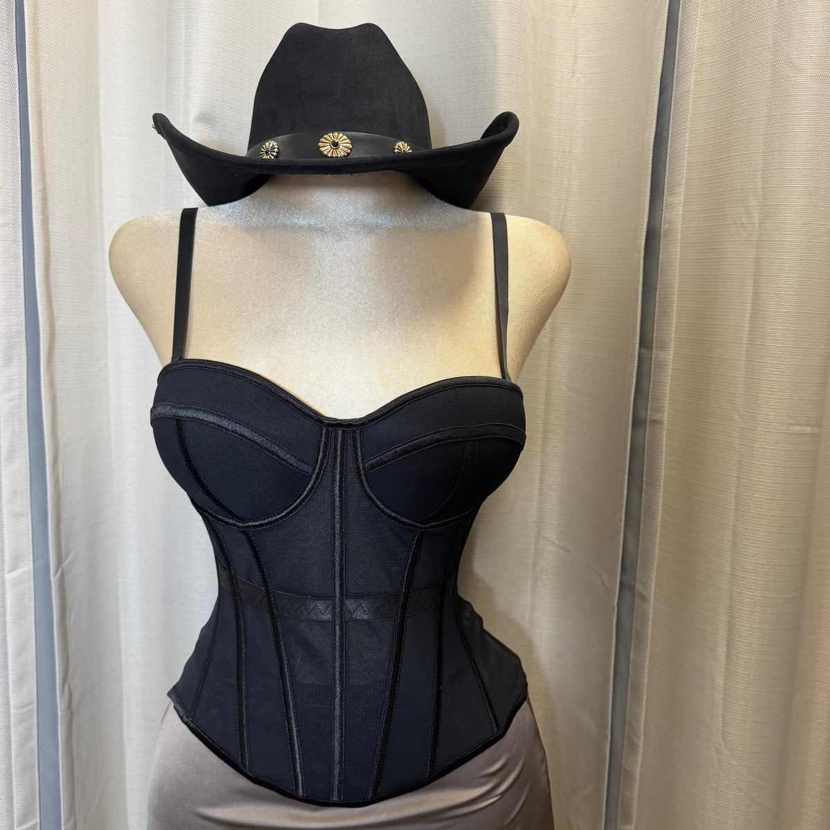 Long Body Mesh Corset Top-Black