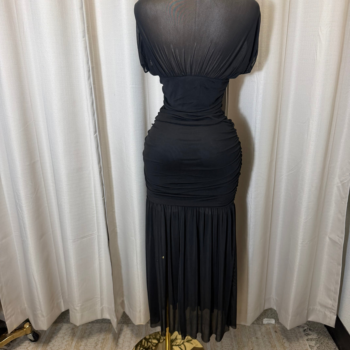 Mesh & Knit Mix Long Dress-Black