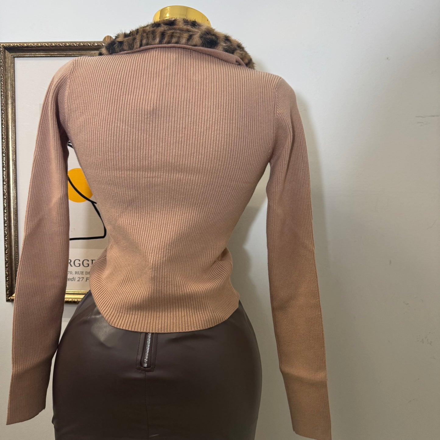 Leopard Fur Collard Double zip-Camel
