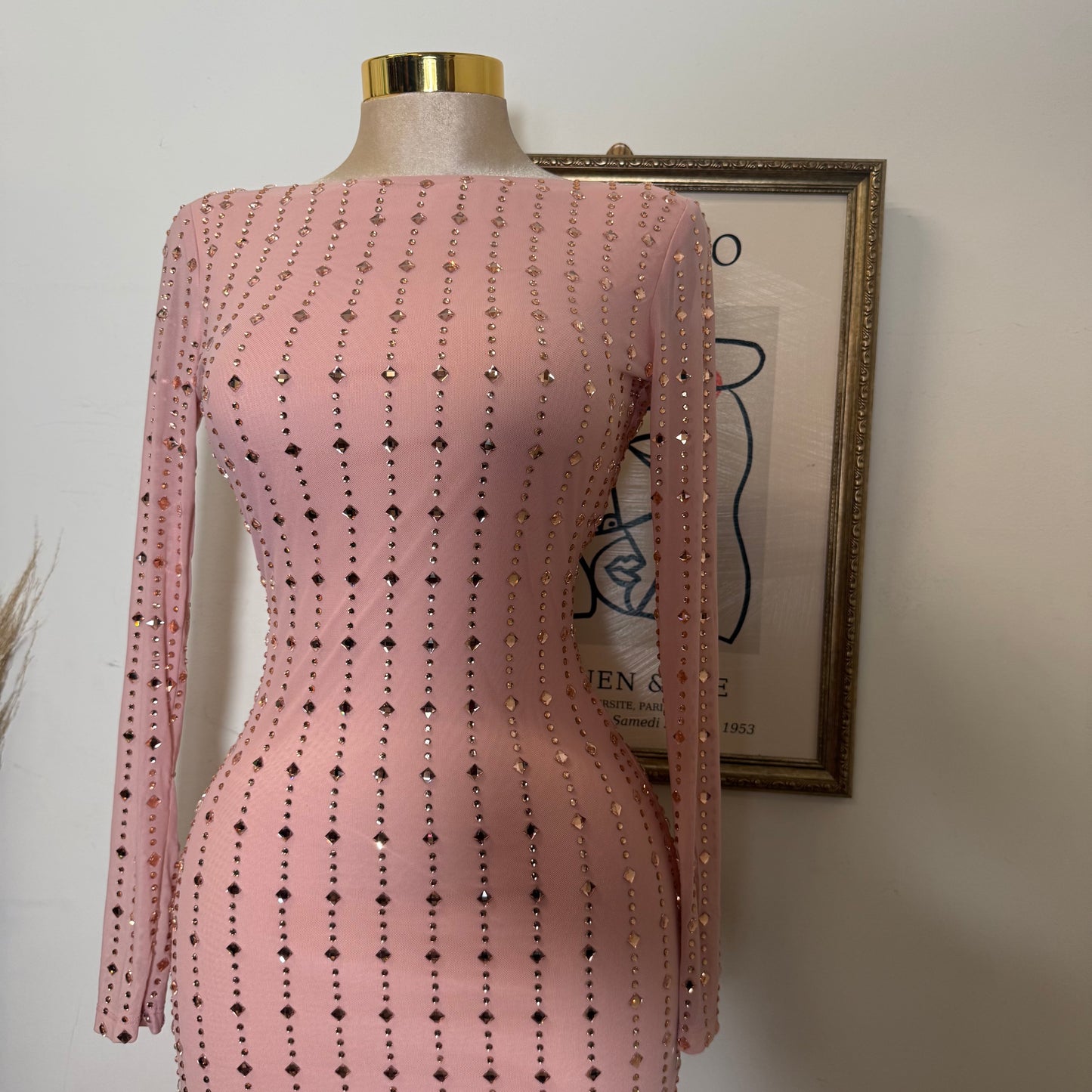 Square Rhinestone On Mesh Midi Dress-Pink