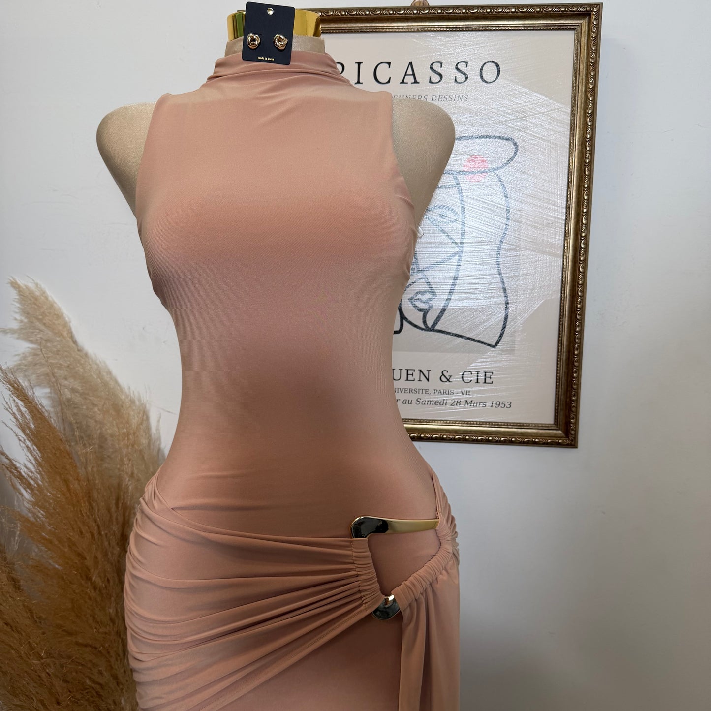 Mock Neck Front Sash With Trim Detail Mini Dress-Nude