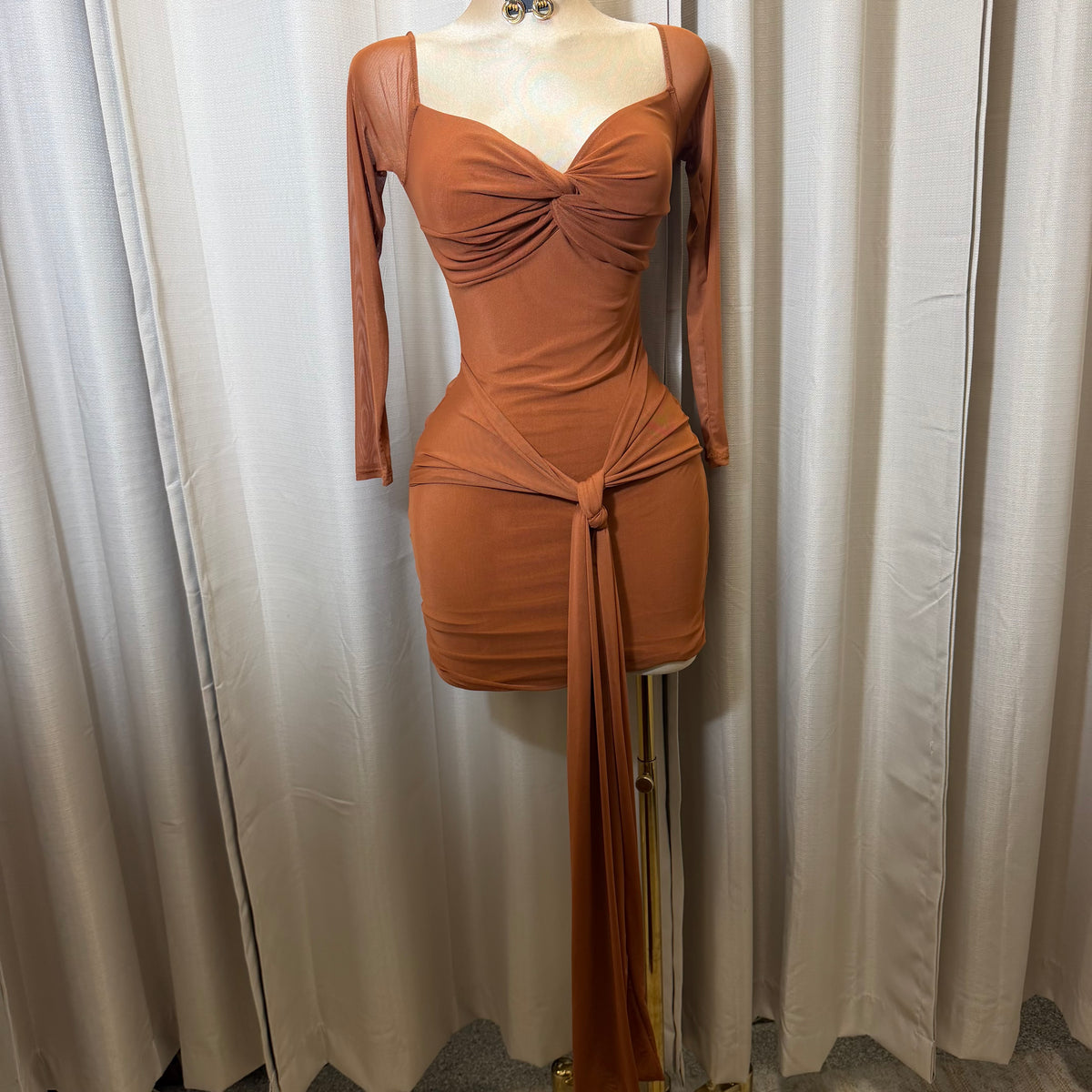 Long Sleeve Off Shoulder Mesh Dress-Brown