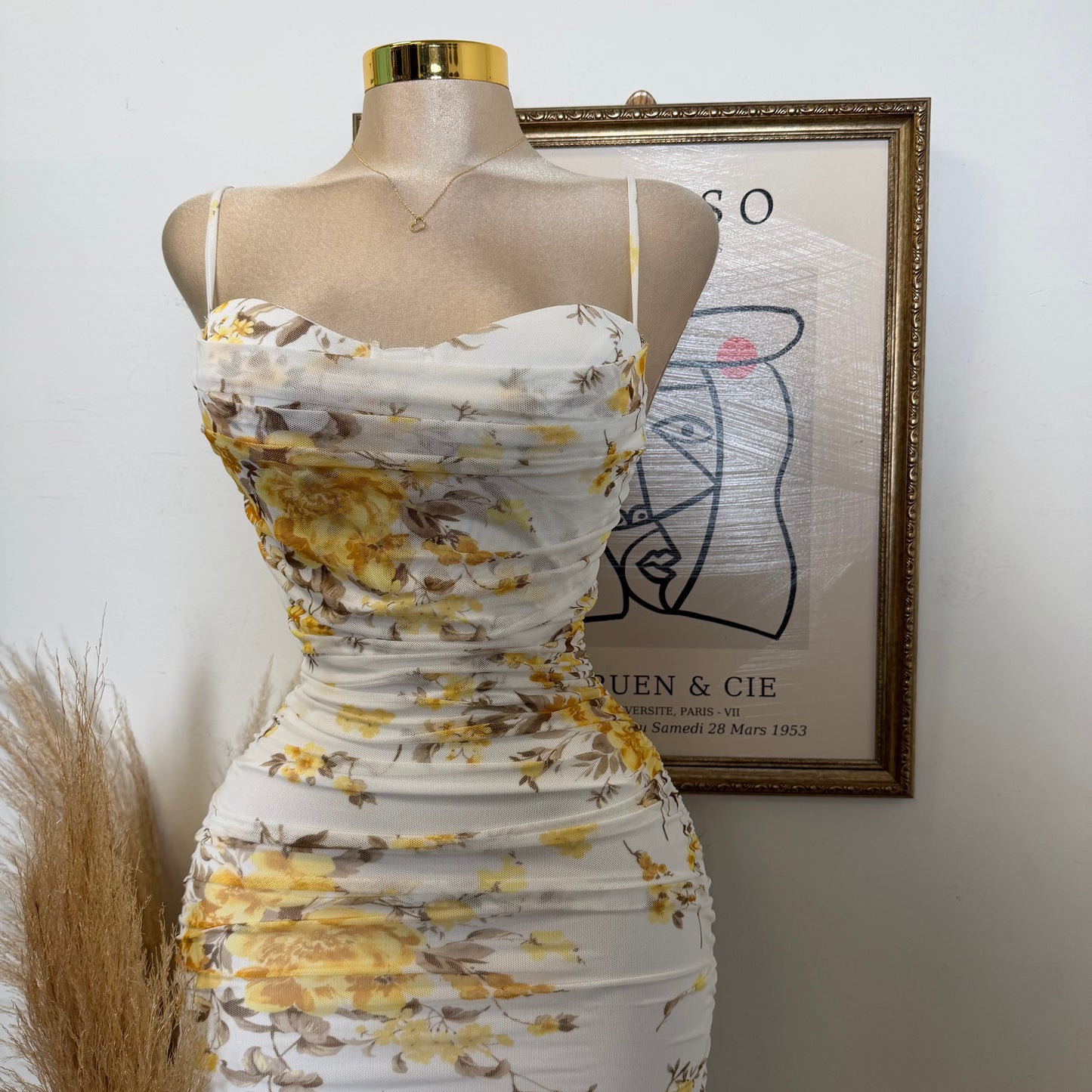 Mesh Print Midi Dress-Yellow Floral