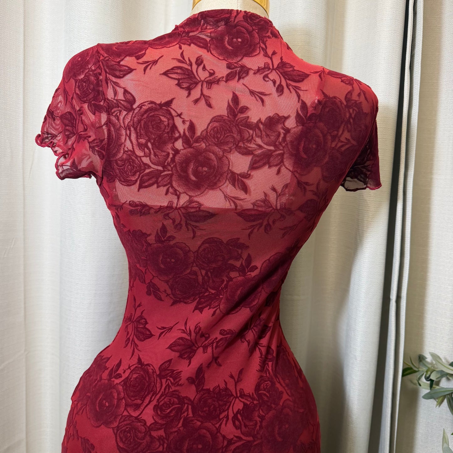 Luxi Mesh Flower Print Dress-Burgundy