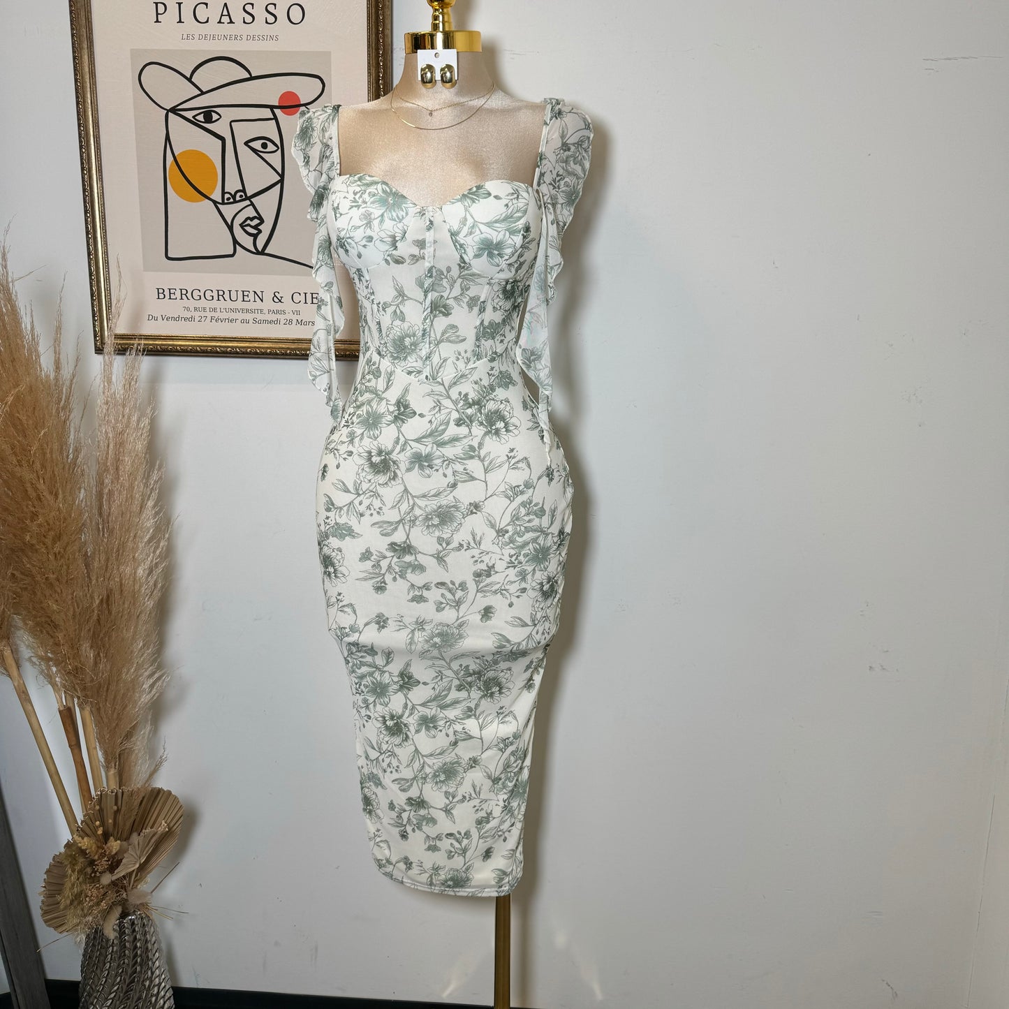 Mesh Print Ruffle Sleeve Corset Midi Dress-Sage Green