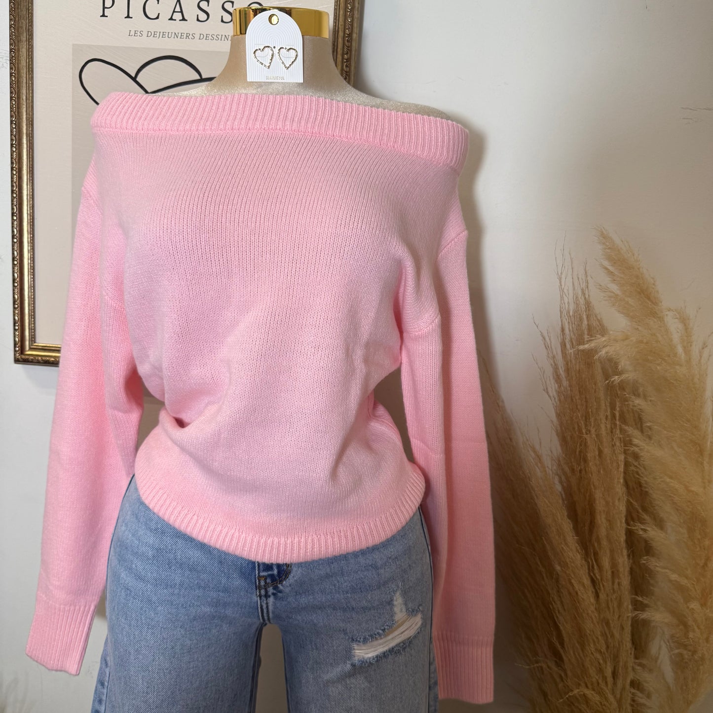 Off Shoulder Knit Sweater Top-Baby Pink