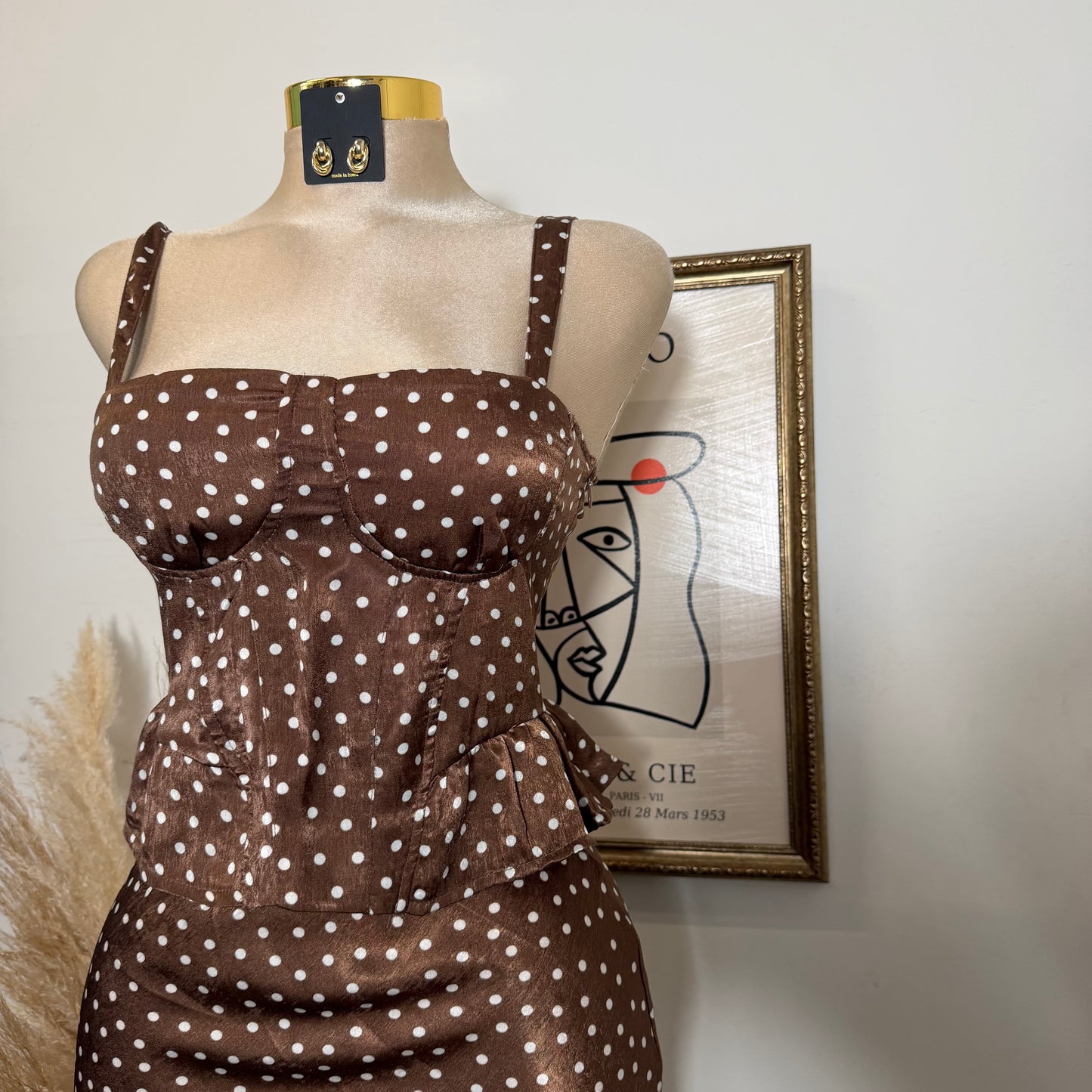 Satin Polka Dot Top and Skirt Set-Brown