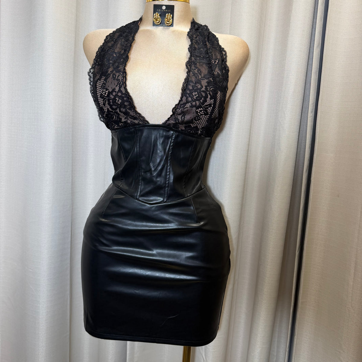 Leather Lace Halter Bodycon Mini Dress-Black