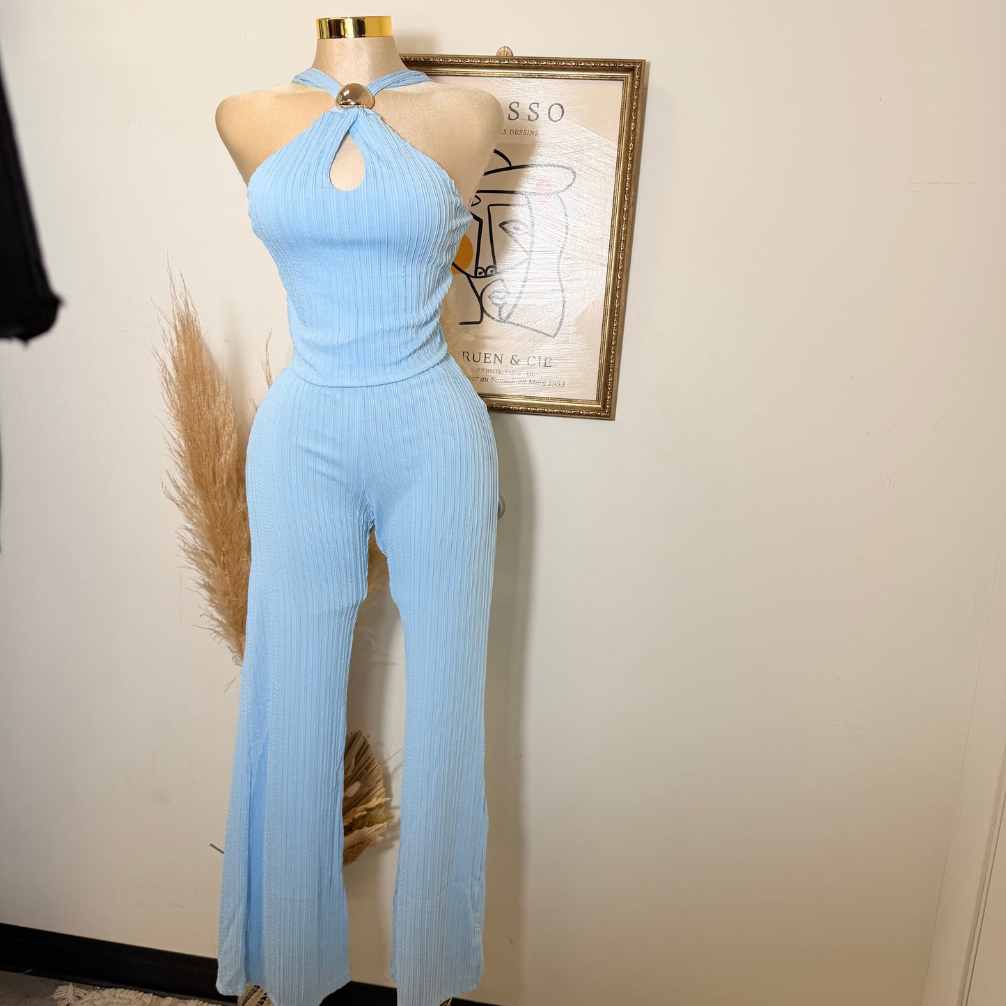 Front Cut Out Jewel Decor Halter Style Top and Pant Set-Baby Blue