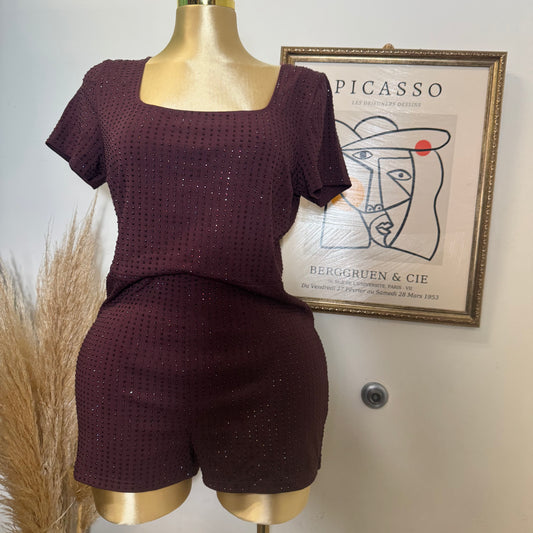 PL Shorts Sleeve Rhinestone Romper-Burgundy