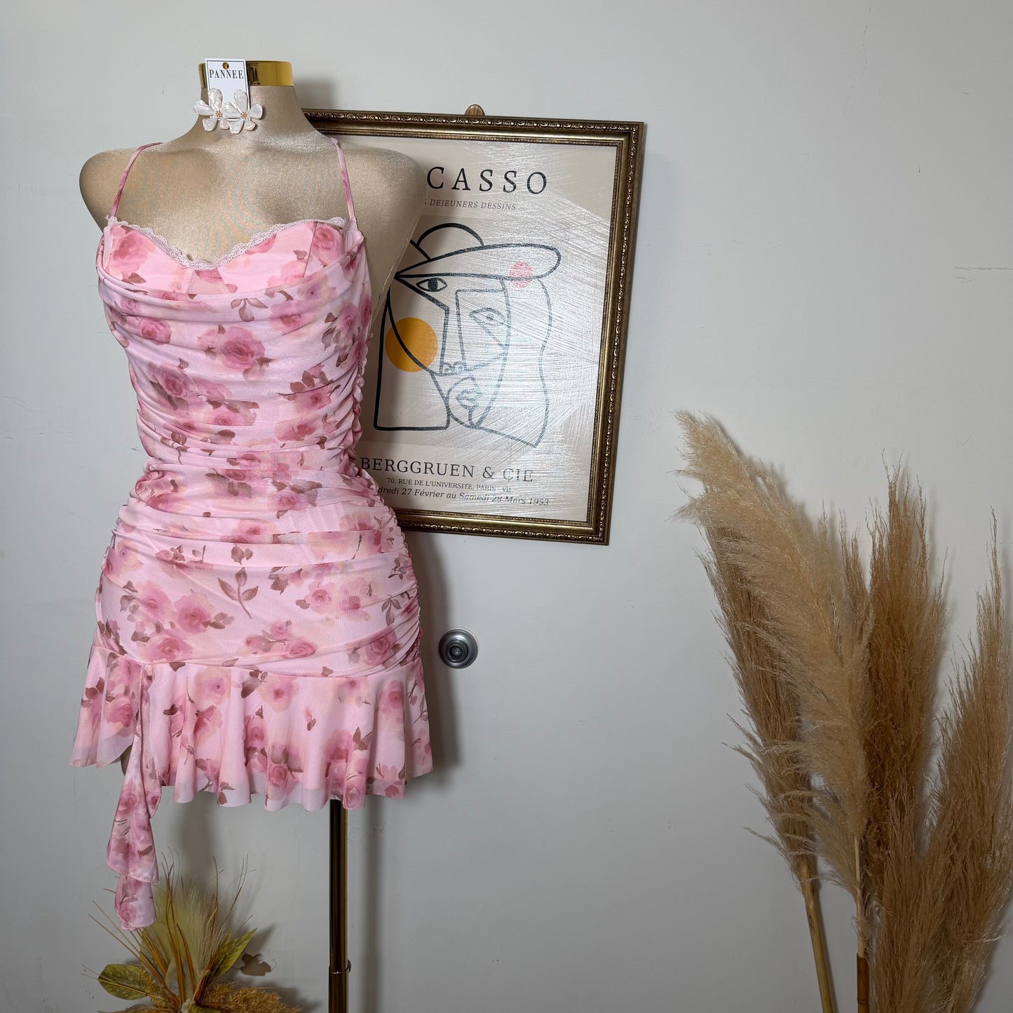 Floral open Back Mini Dress with Flowing Skirt-Pink