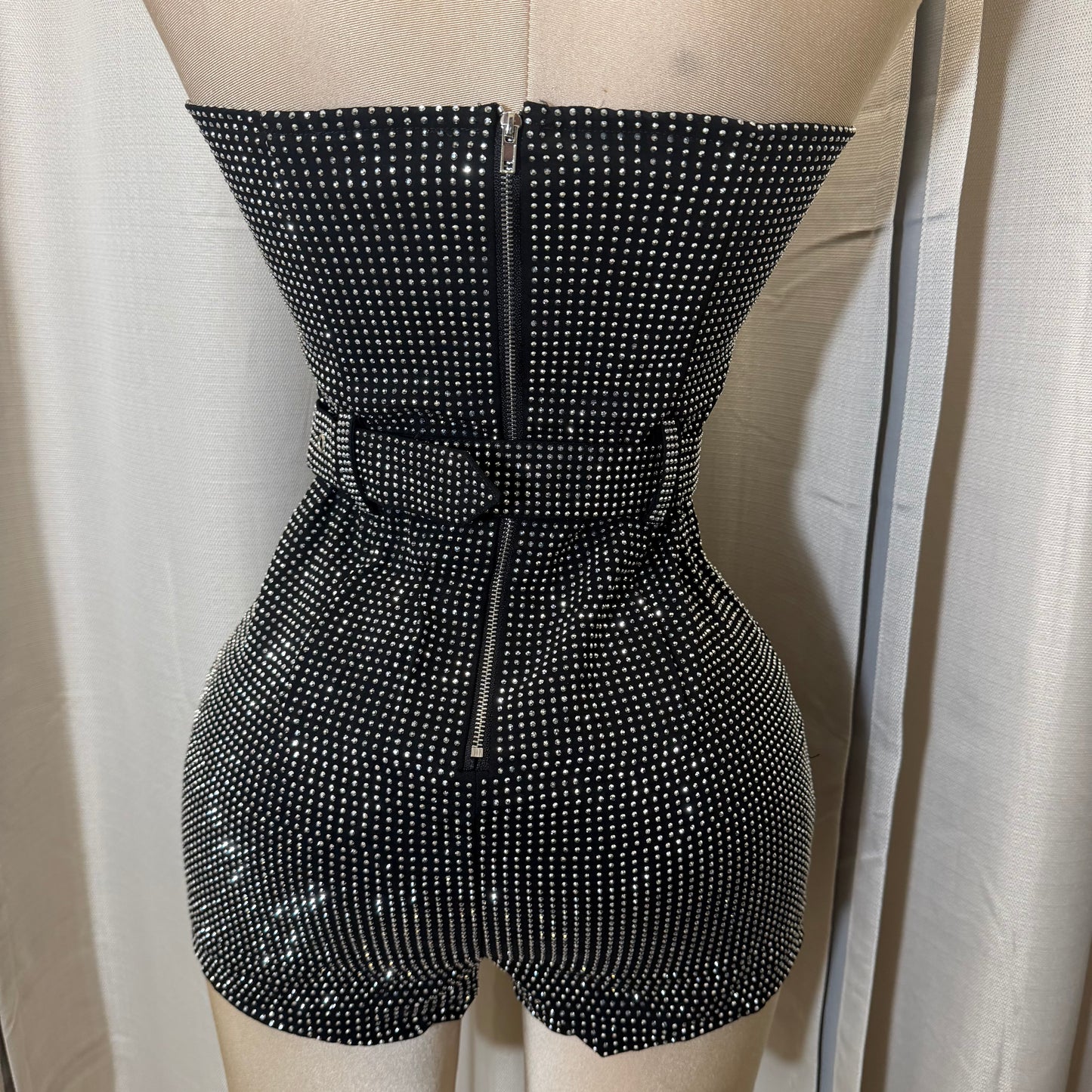 Strapless Rhinestone Romper with Belt-Black