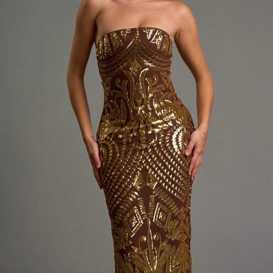 NYE SEQUIN MIDI Dress-Brown