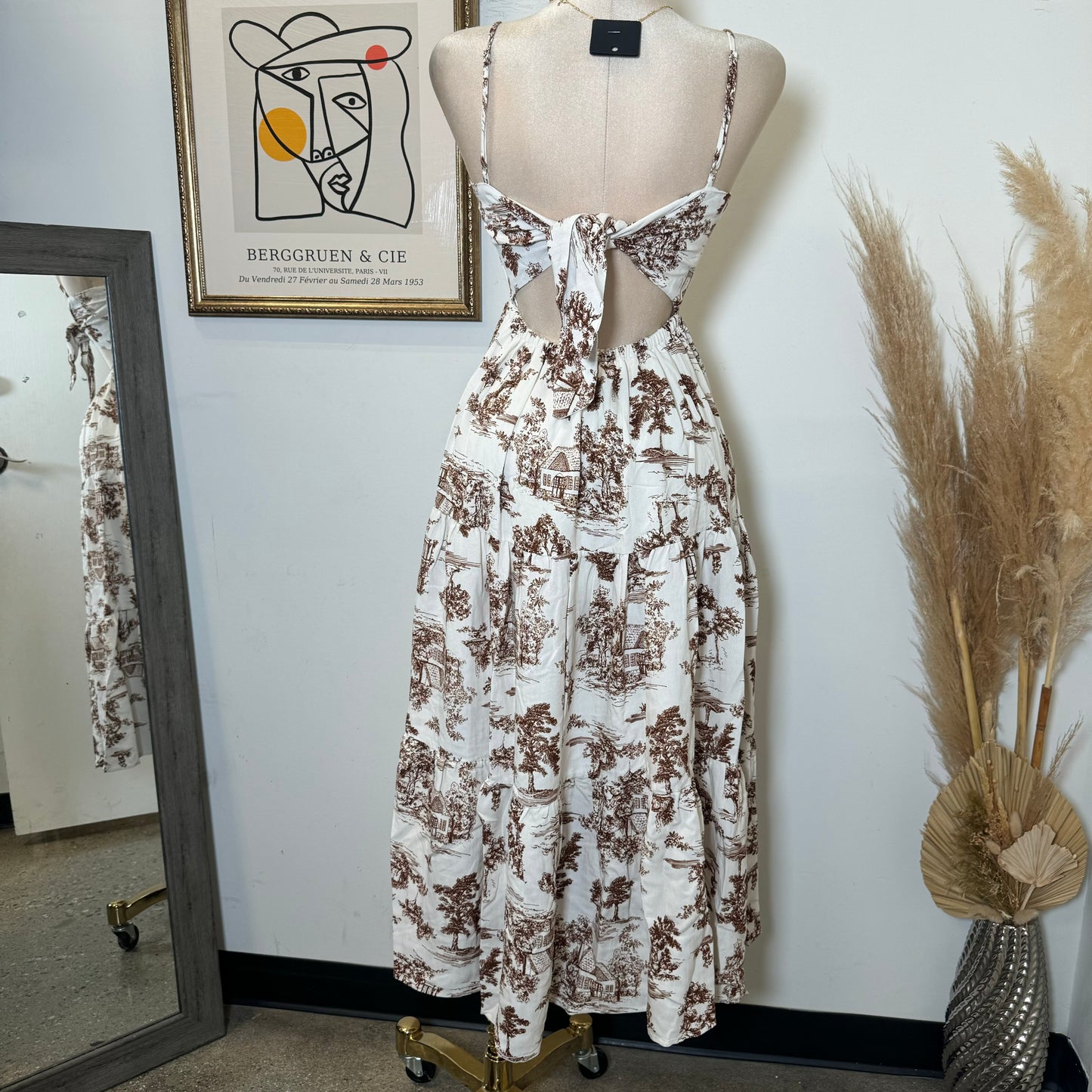 Summer Dress Open Back-White/Brown