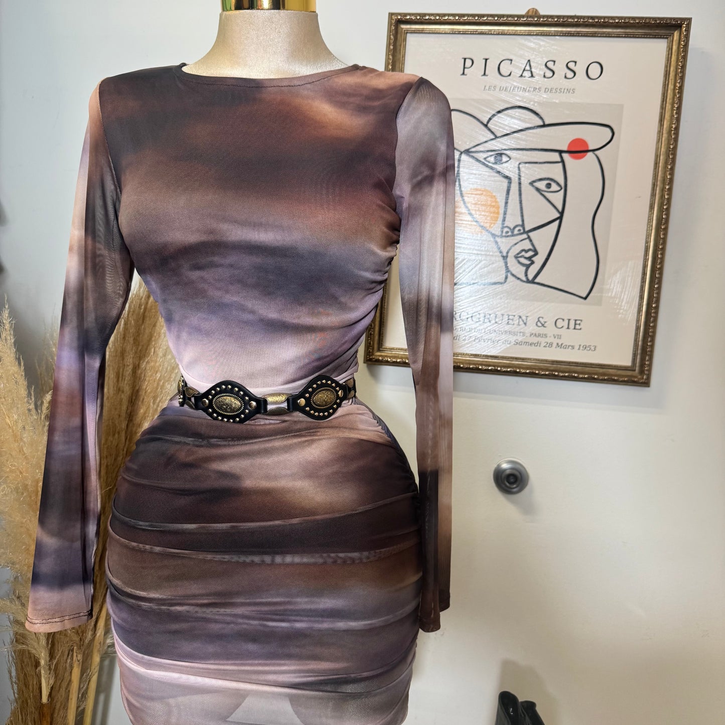 Multi Colored Mesh Long Sleeve Mini Dress-Brown Combo