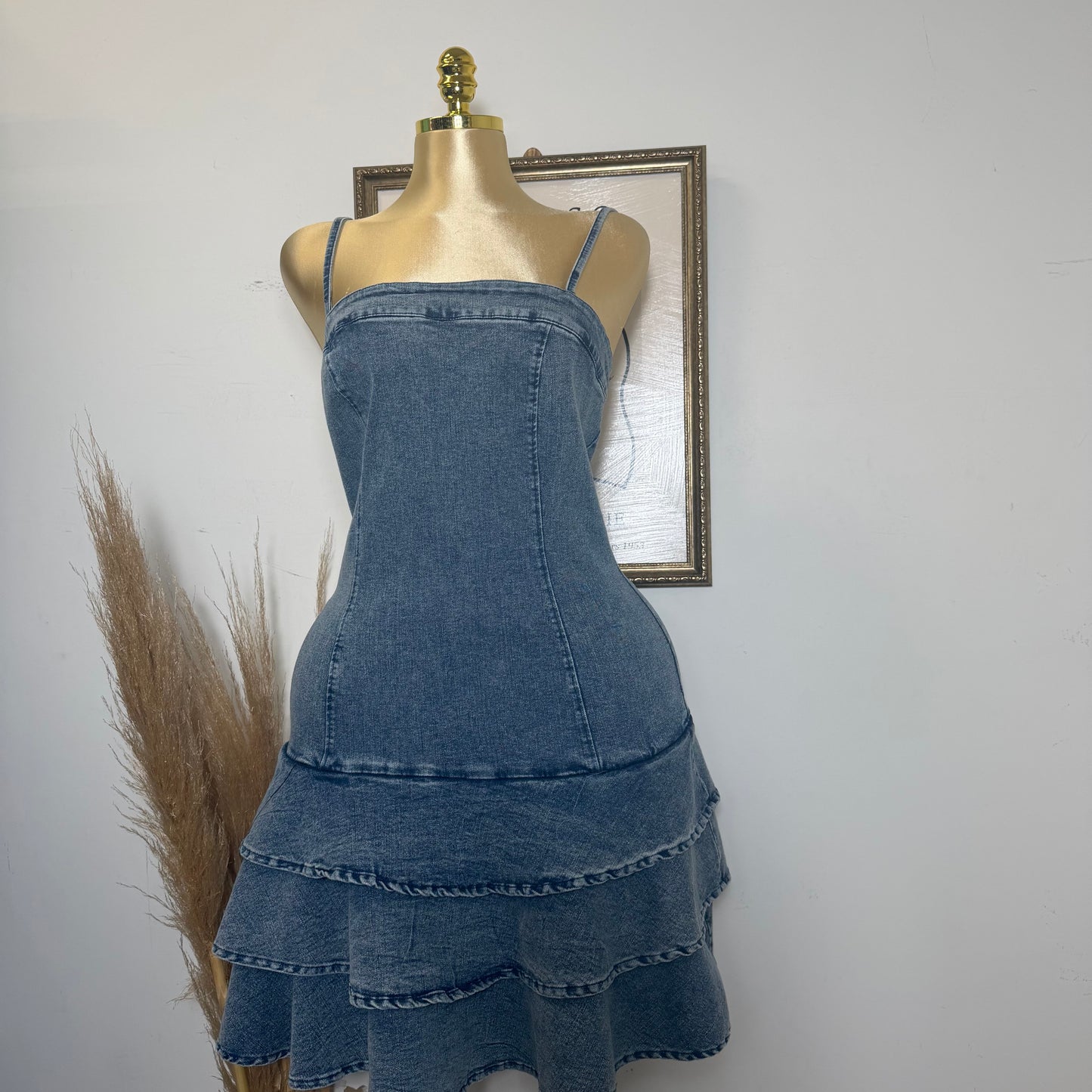PL Sleeveless Denim Mini Dress with thin straps-acid Denim
