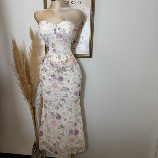 Strapless Floral Print Corset Midi Dress-Ivory Purple