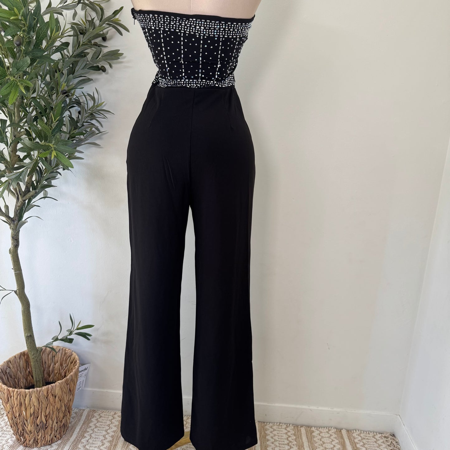 Rhinestone Strapless Jumpsuit-Black