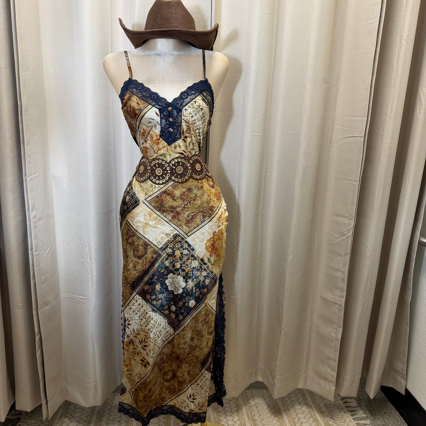 Printed Satin Lace trim Slip Dress-Brown Combo