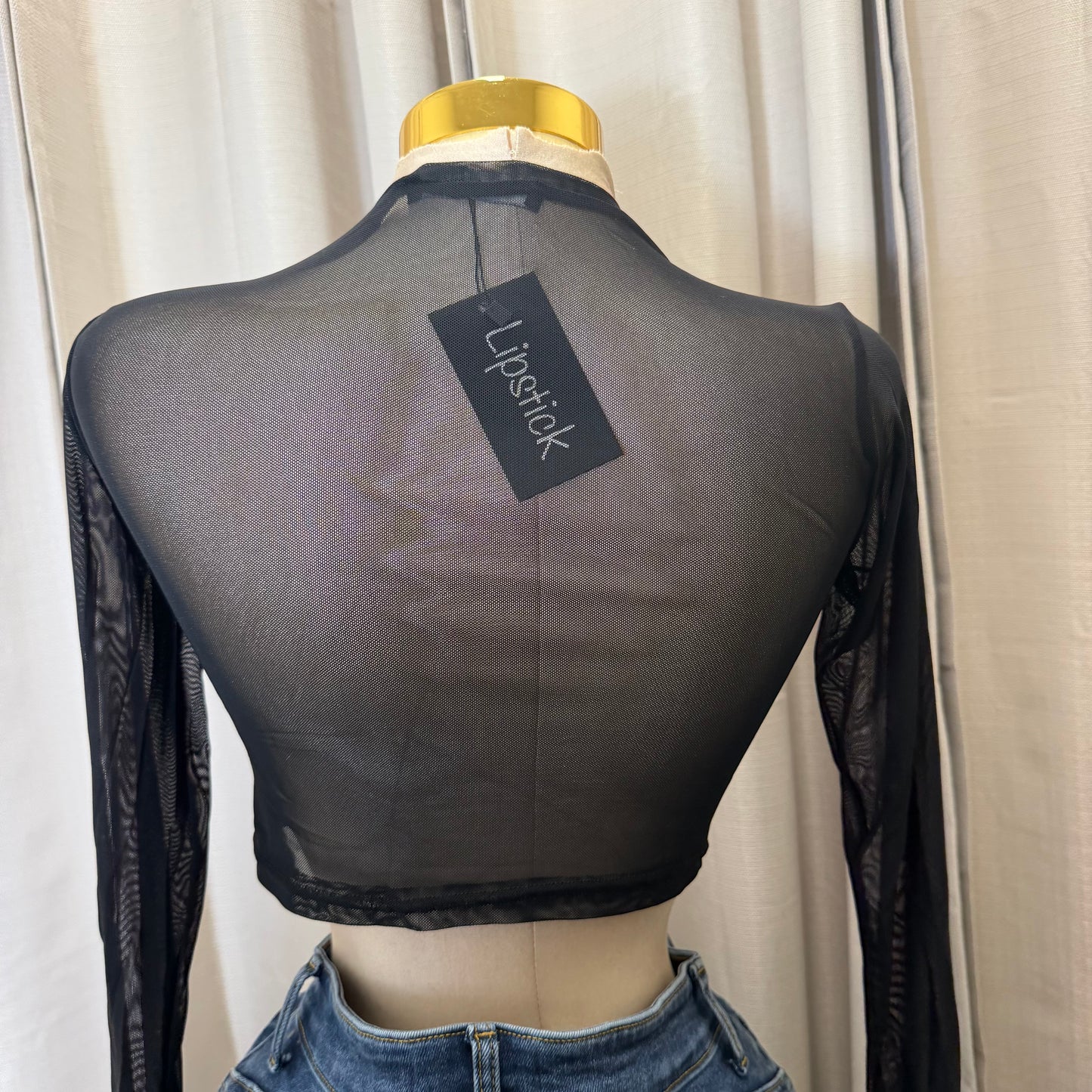 Mesh Long sleeve Crop Top-Black
