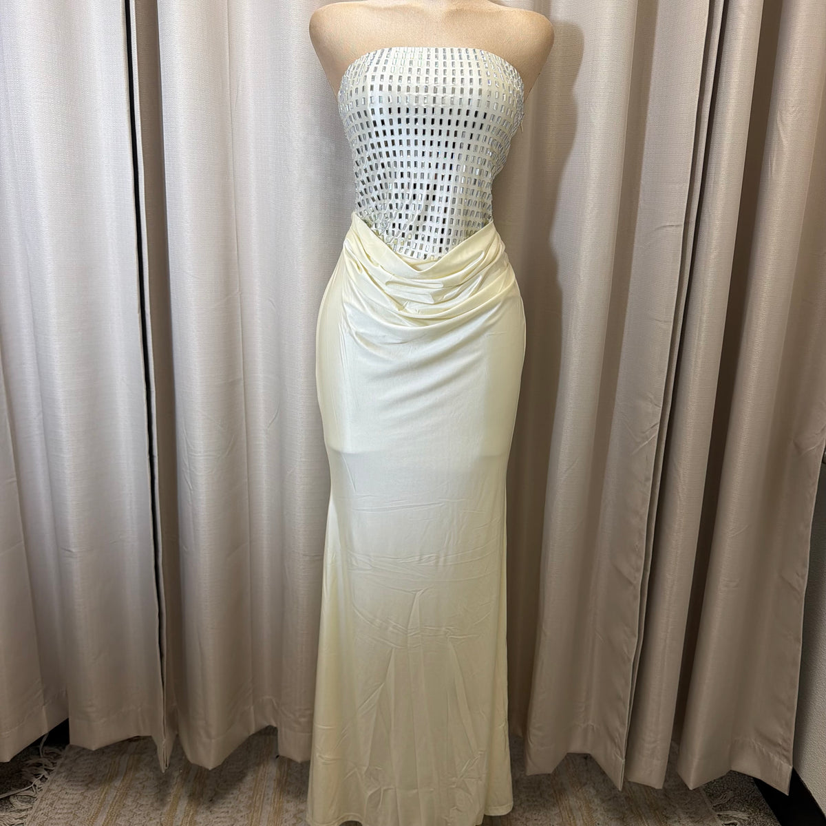 Rectangle Rhinestone satin mermaid maxi Dress-Ivory
