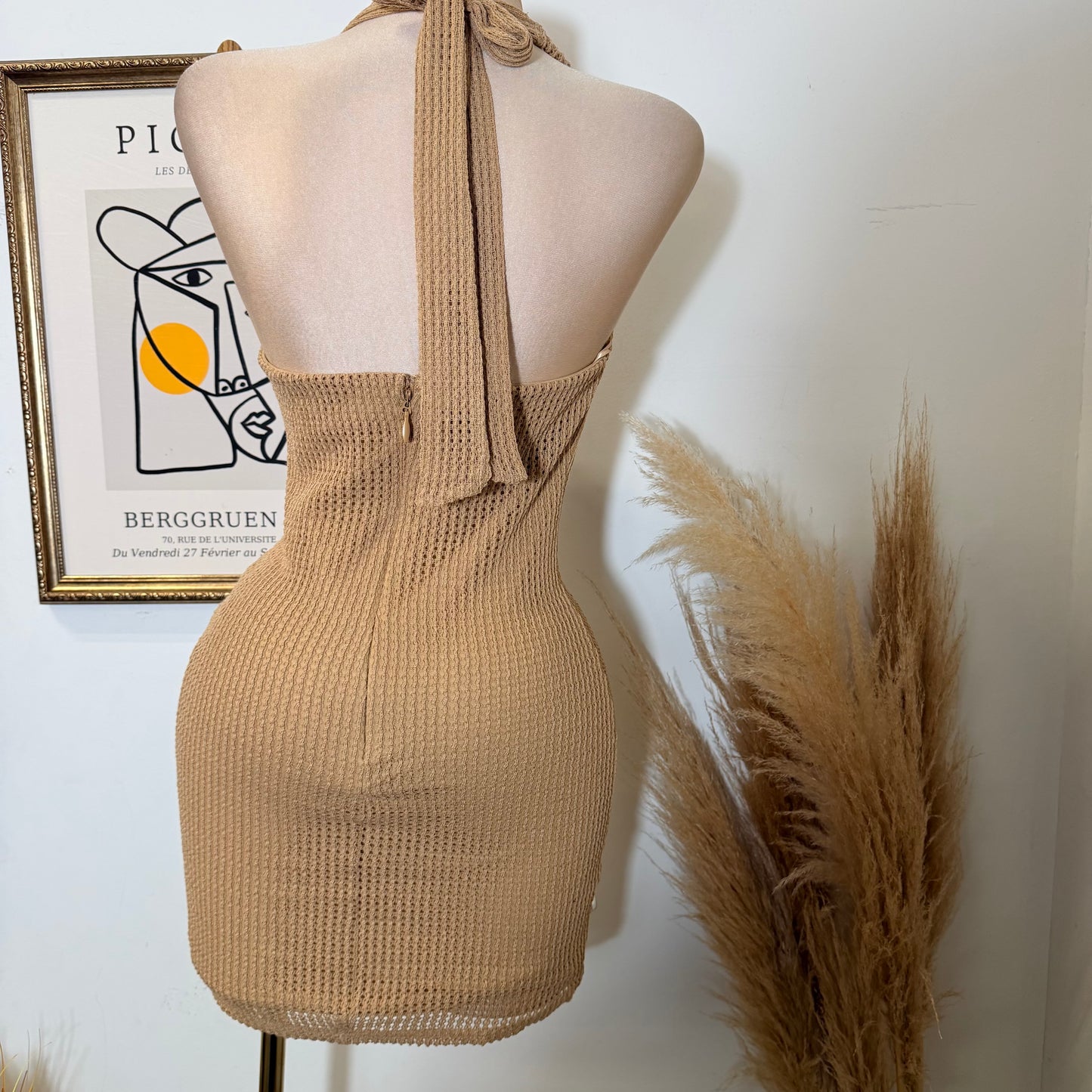 Halter Neck Pearl Embellished Knit Mini Dress-Mocha