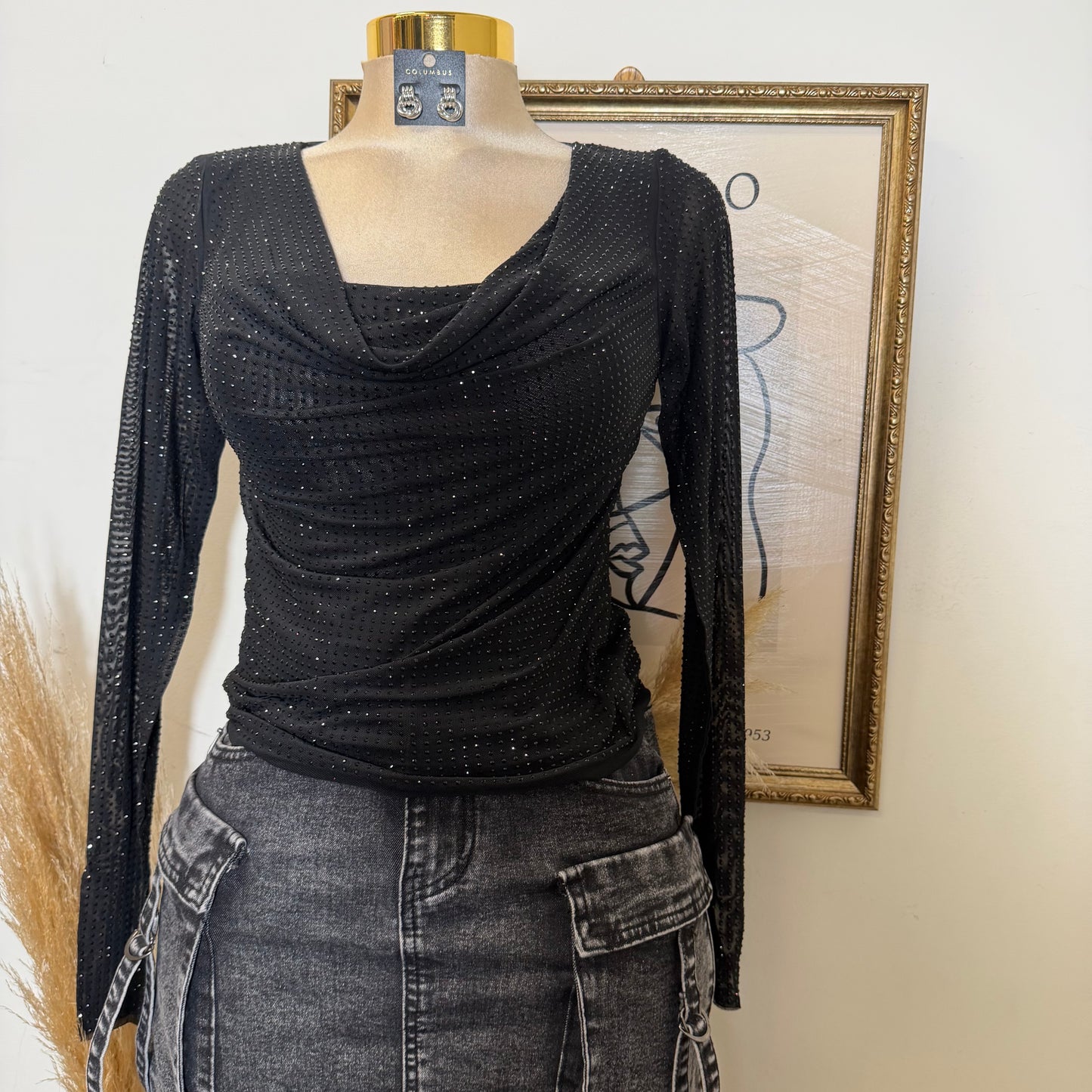Rhinestone Cowl Long Sleeve Top-Black