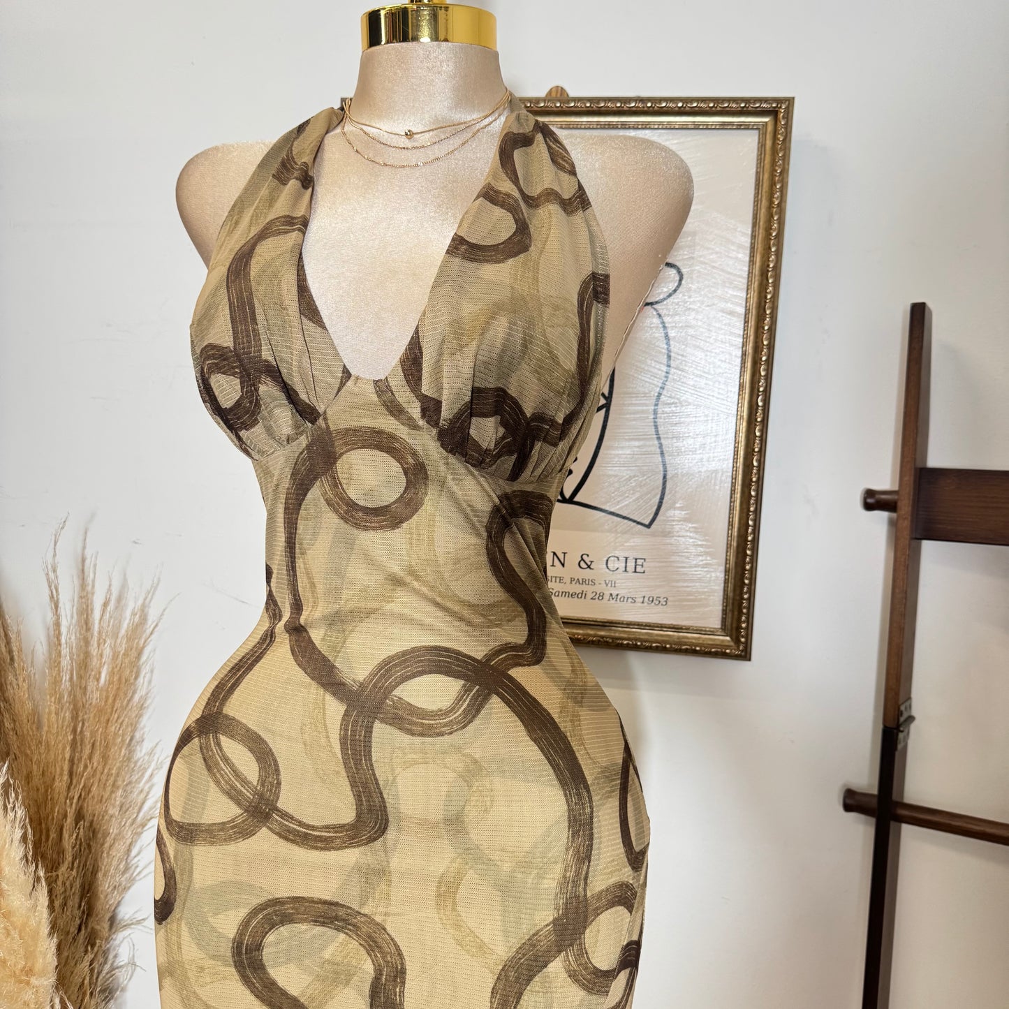 Halter Midi Print Dress-Olive Brown