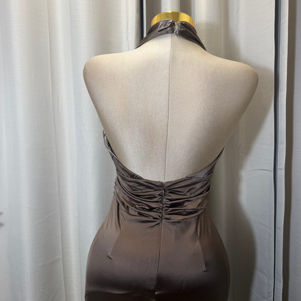 STRETCH SATIN KNIT OPEN BACK MIDI DRESS-Cocoa/Beige