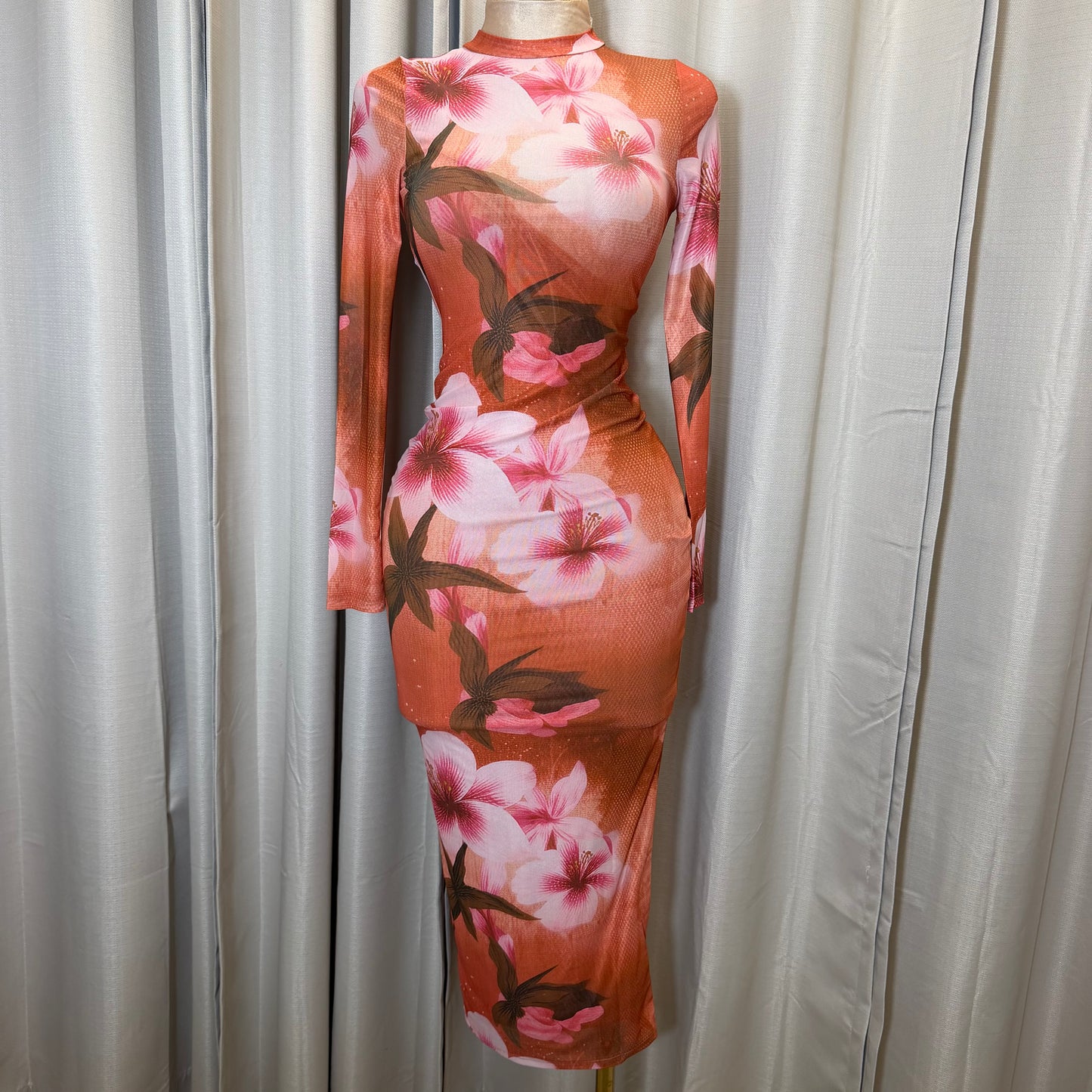 Rose Midi Mesh dress-Orange/ Pink combo