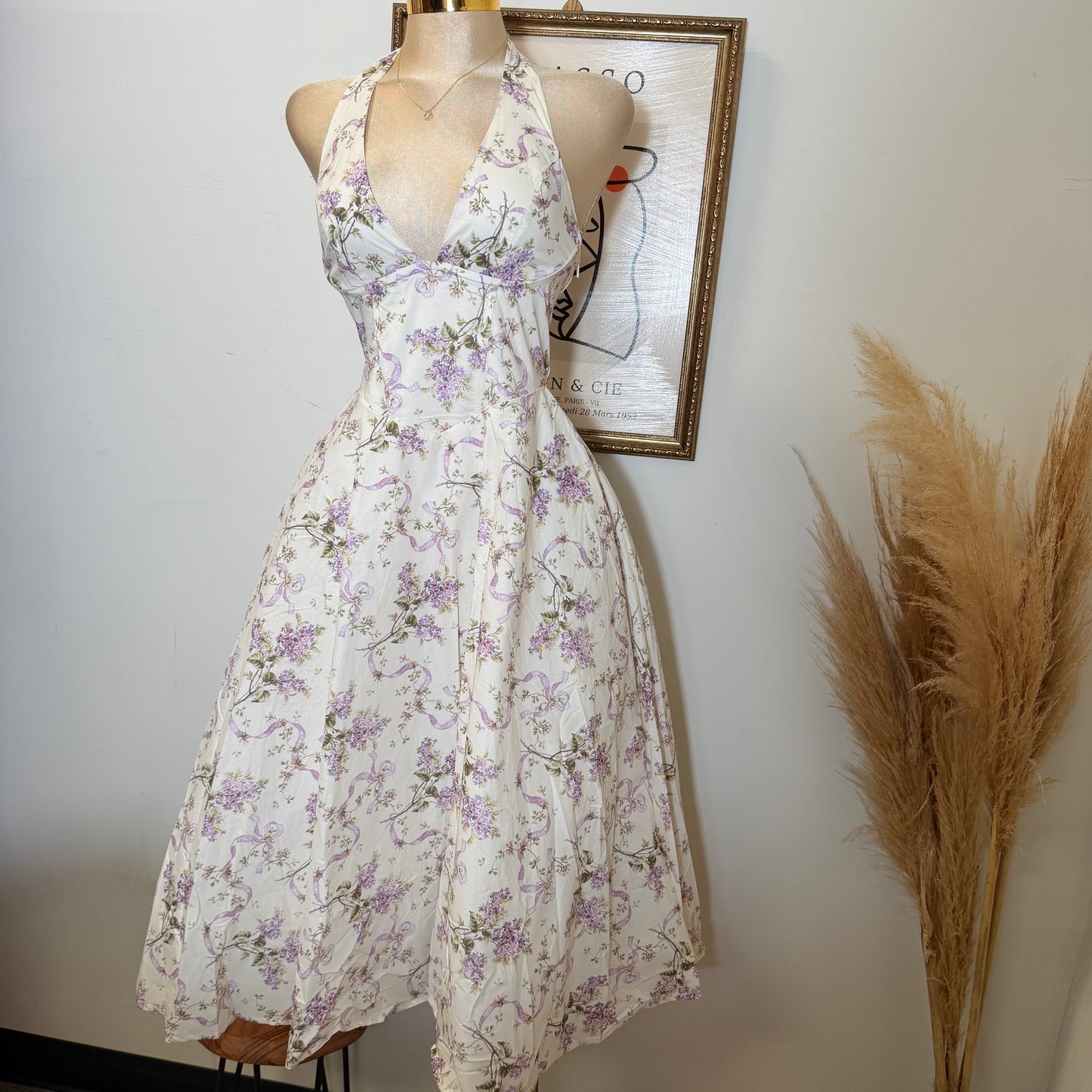 Ribbon Print Fabric Halter Corset Midi Dress-Lavender