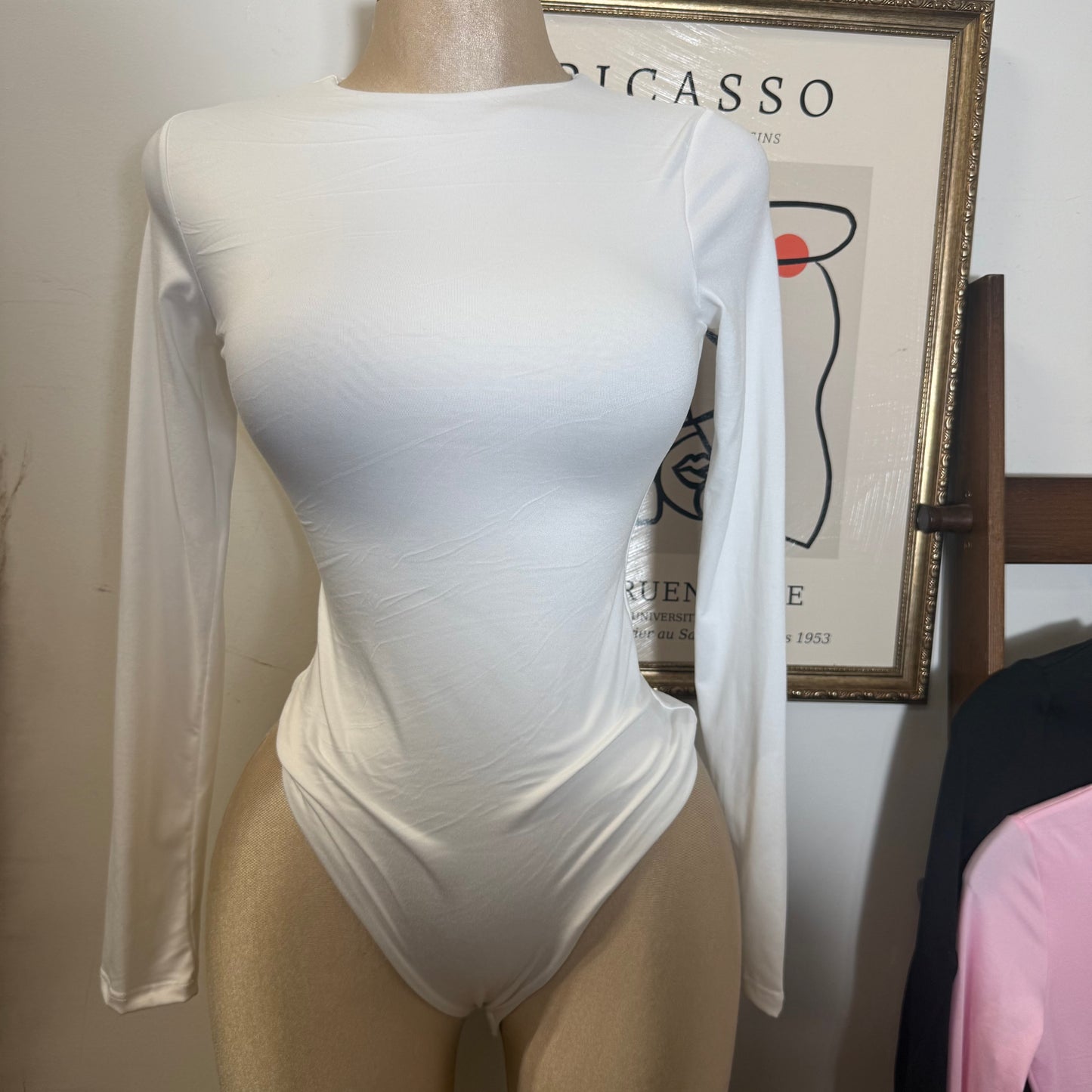 Long Sleeve Crew Neck Thong Bodysuit-White
