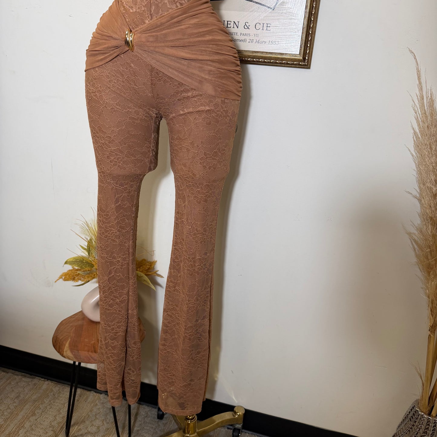 Halter Lace Jumpsuit Gold Detail-Brown