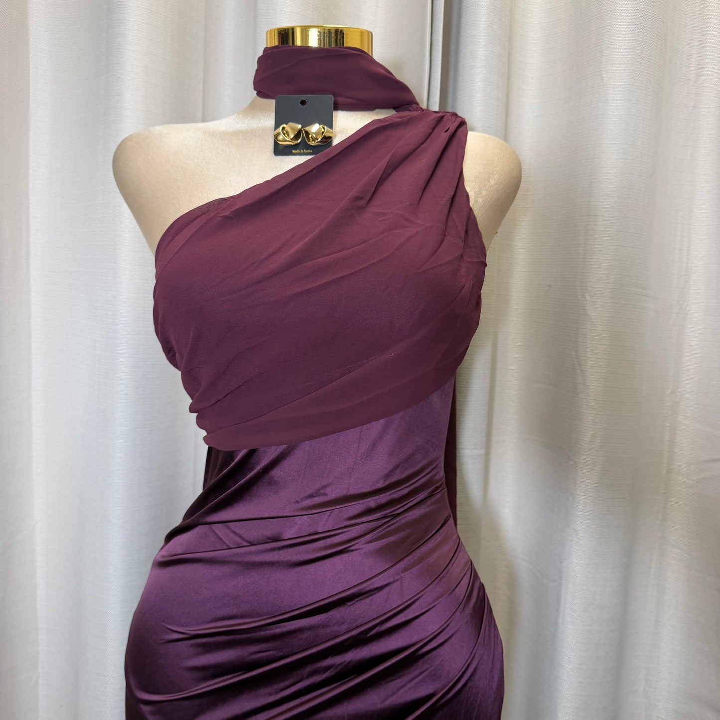 Pearl Satin with Chiffon Sash one Shoulder Dress-Plum