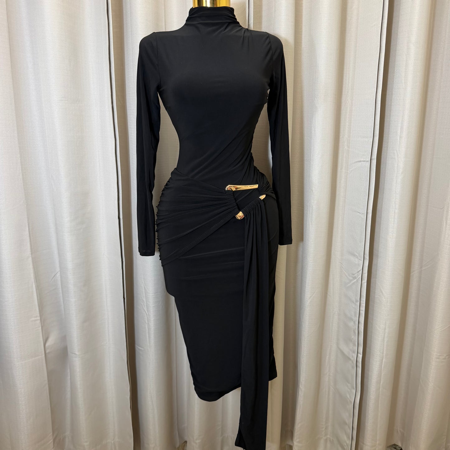 Long sleeve  Solid Double Layer Front Sash Midi Dress-Black