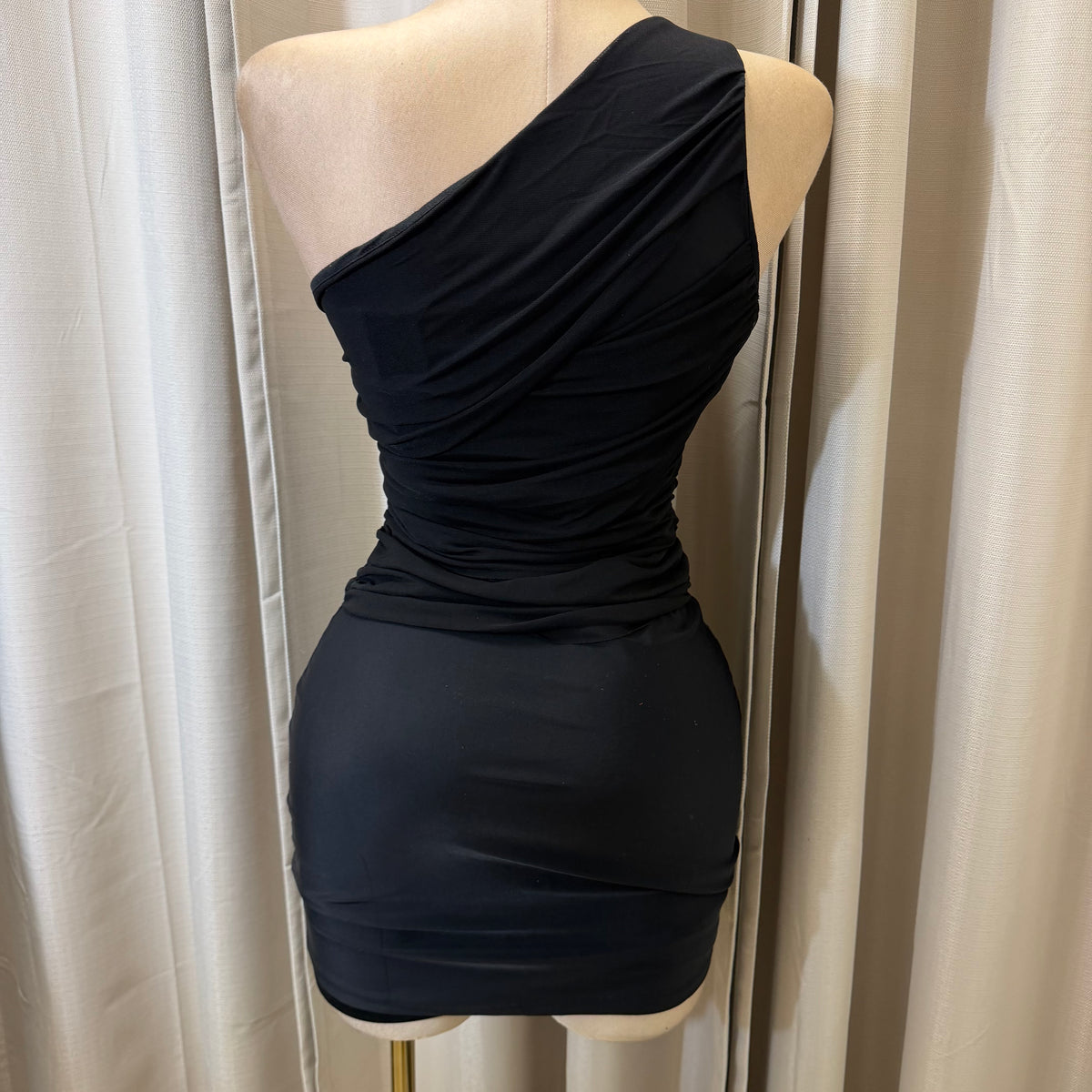 Nylon Yoga Knit with Mesh one shoulder Draped Bodycon Mini dress-Black