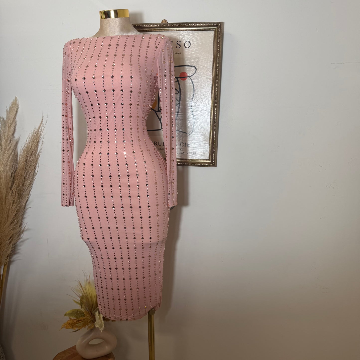 Square Rhinestone On Mesh Midi Dress-Pink