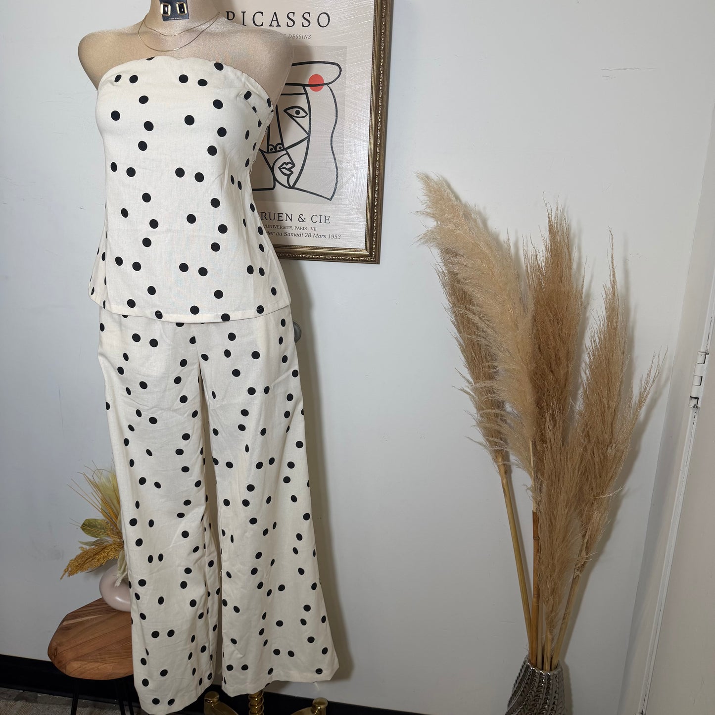 Polka Dot Linen Strapless Pant Set -Cream