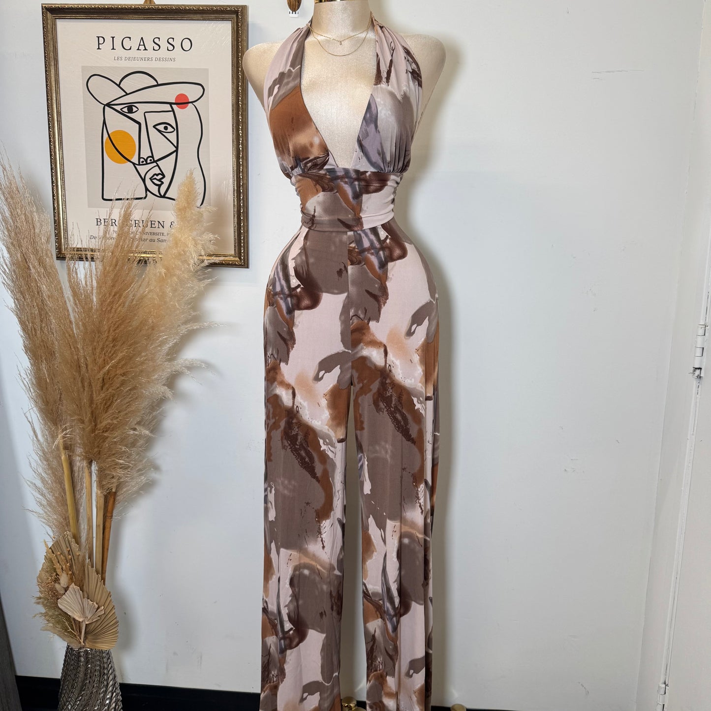 Halter Jumpsuit-Multi Brown