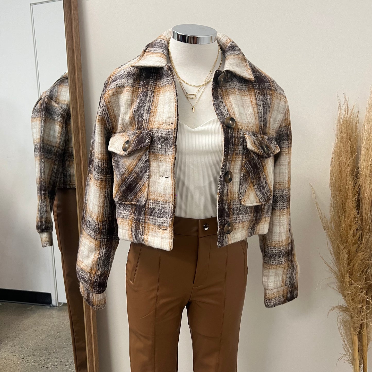 Plaid Crop Jacket -Brown