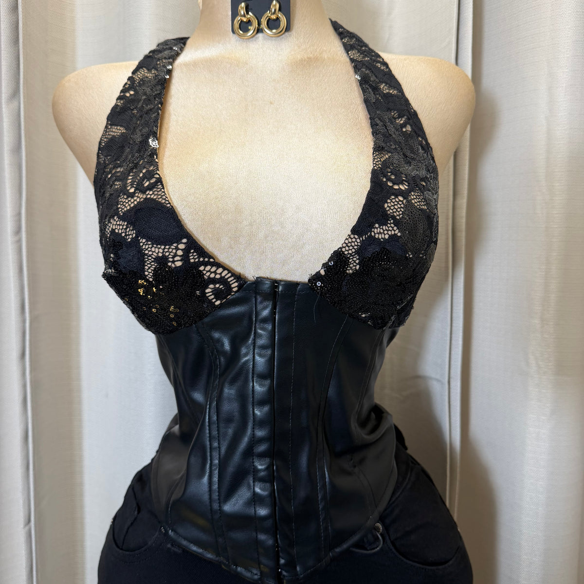 SEQUIN LACE WITH PLEATHER CORSET TOP-Black