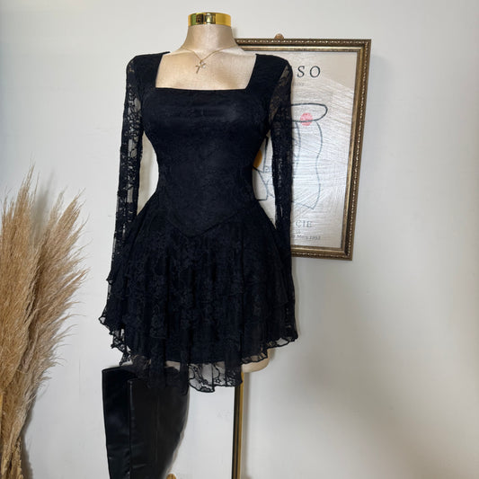 Lace Long Sleeve Ruffle Layered Mini Dress-Black