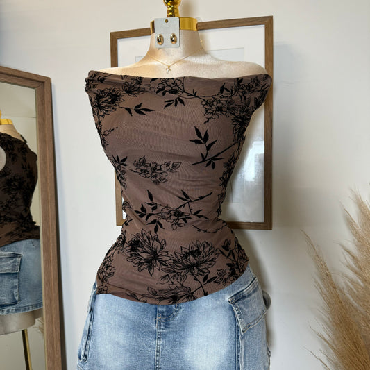Elina Flocked Mesh Off Shoulder Top-Mocha