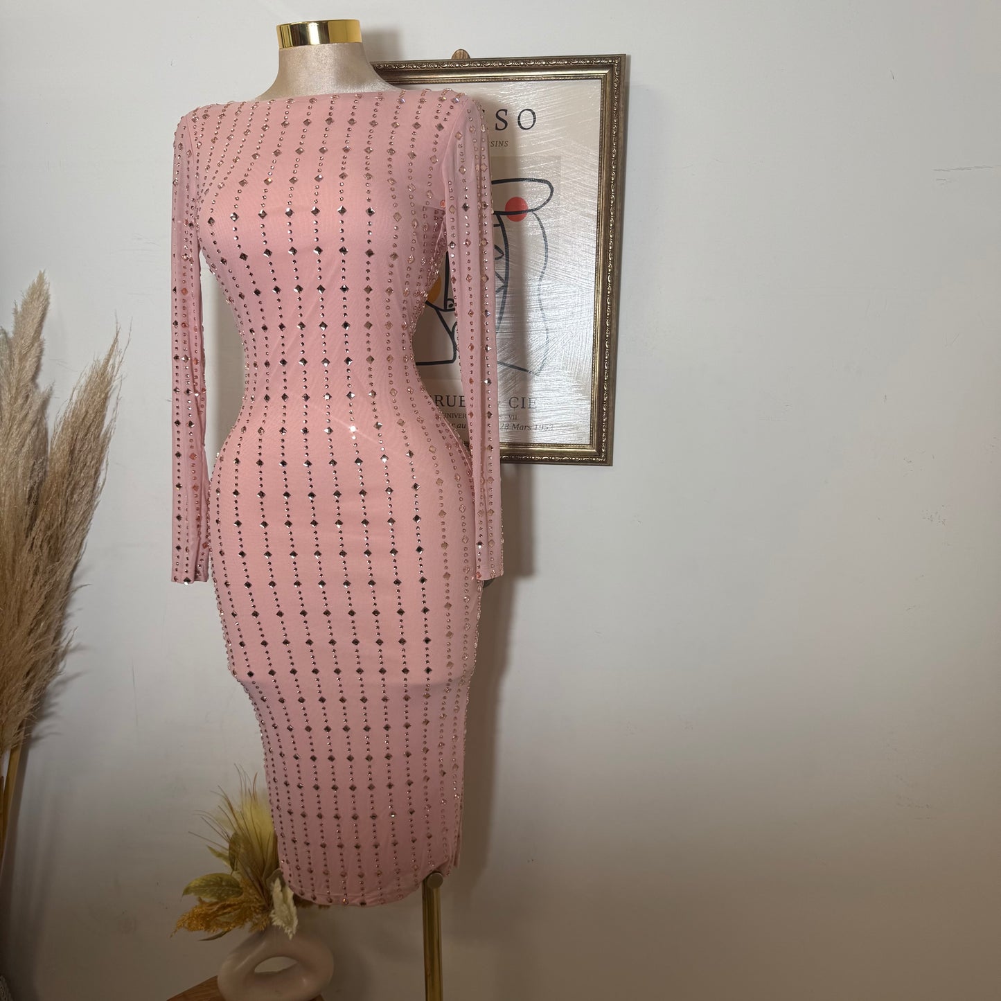 Square Rhinestone On Mesh Midi Dress-Pink